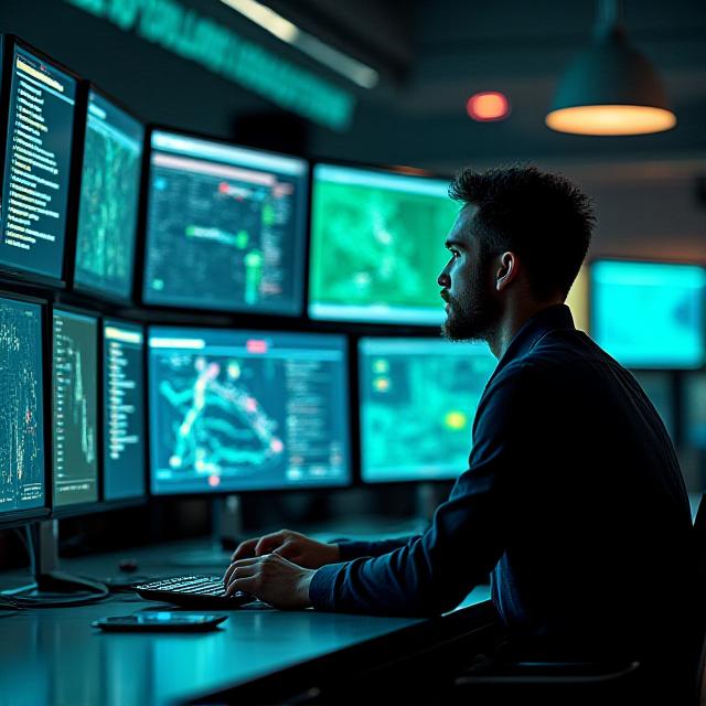 Logistics dispatcher coordinating freight transit with high-tech monitors